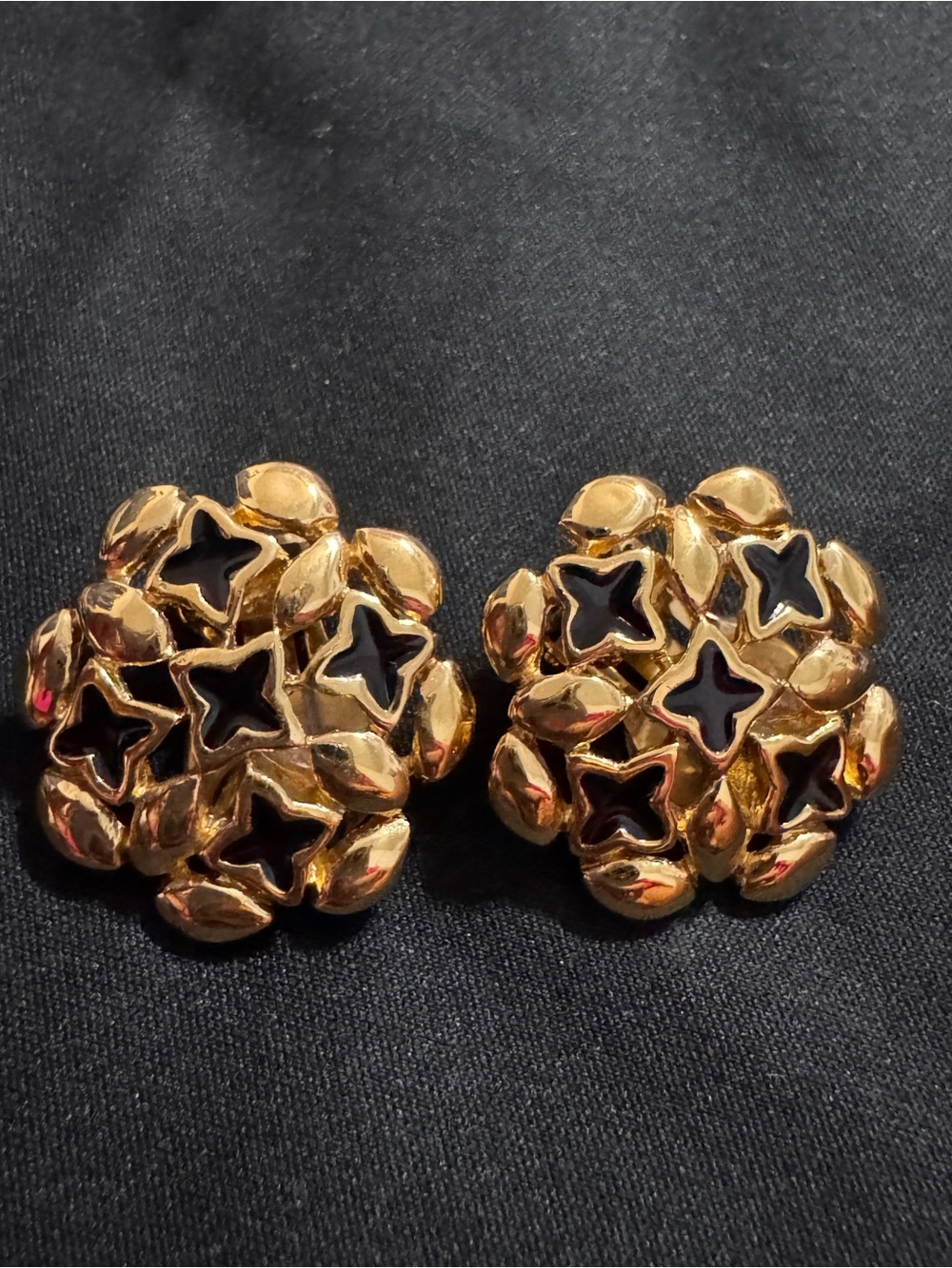 Givenchy Gold and Black Floral Cluster Clip Earrings